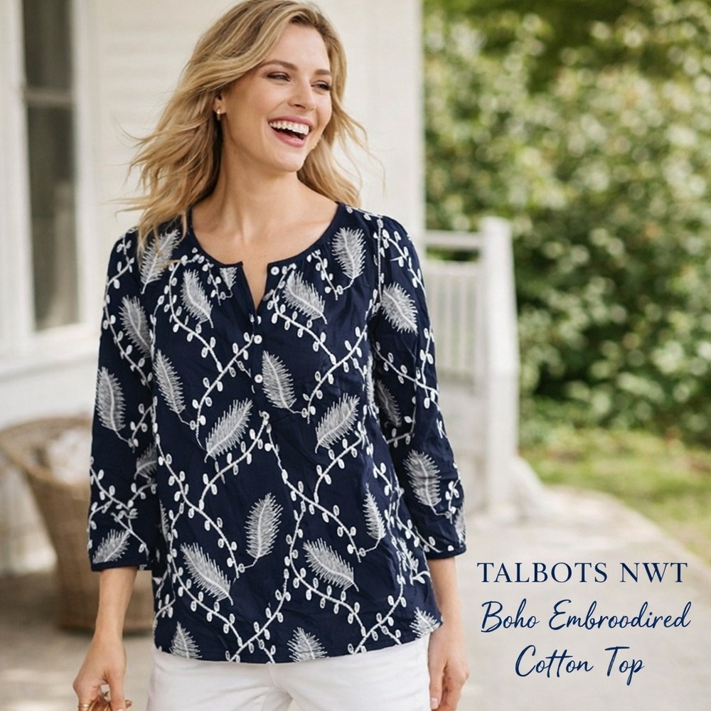 Talbots‎ NWT Navy Embroidered Popover Leaf Blouse Boho Cottagecore Cotton Top S
